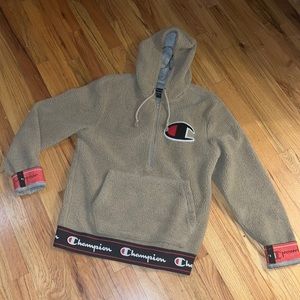Champion fleece teddy rare hoodie 3/4 zip big logo jersey lined warm jacket